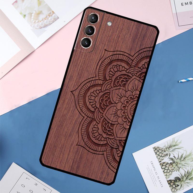 Mandala Floral Wood Case For Samsung Galaxy S25 Ultra S24 S23 S22 S21 Ultra S9 S10 Plus S23 FE S25 FE Back Cover