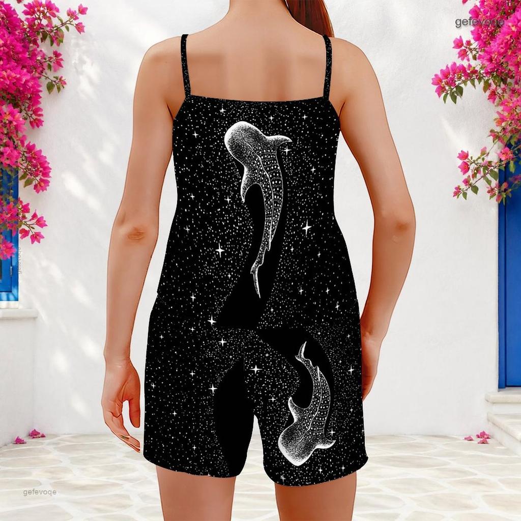 Women Plus Size Scoop Neck Strappy Tank Top Floral Printed Navy Blue Two Piece Shorts Set