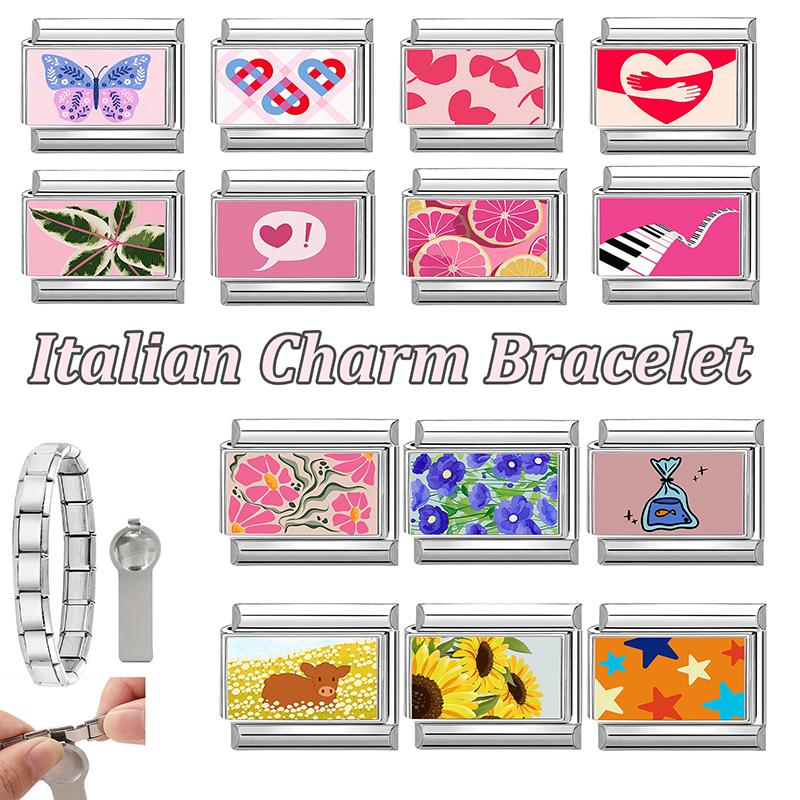 Y2K Pink Sunset Heart Butterfly Piano Star Flowers Italian Charm Links Fit 9mm Stainless Steel Women DIY Making Bracelet Jewelry