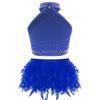 Girls Dance Performance Outfit Halter Neck Sleeveless Backless Vest with Sparkly Rhinestones Feather Briefs