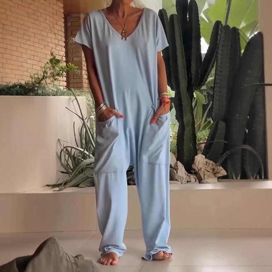 2026 Spring/Summer Women's Solid Color Low Crotch Jumpsuit with Large Pockets - Elegant, Europe/America Style