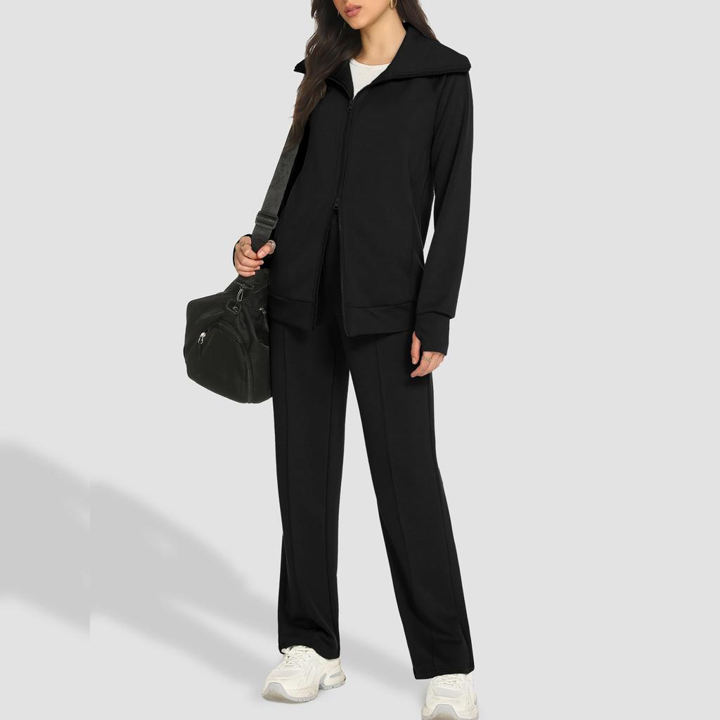 Women's Fashion V-neck Solid Color Long Sleeved Double Zipper Lapel Jacket Wide Leg Pants Sweatshirt Long Pants Set