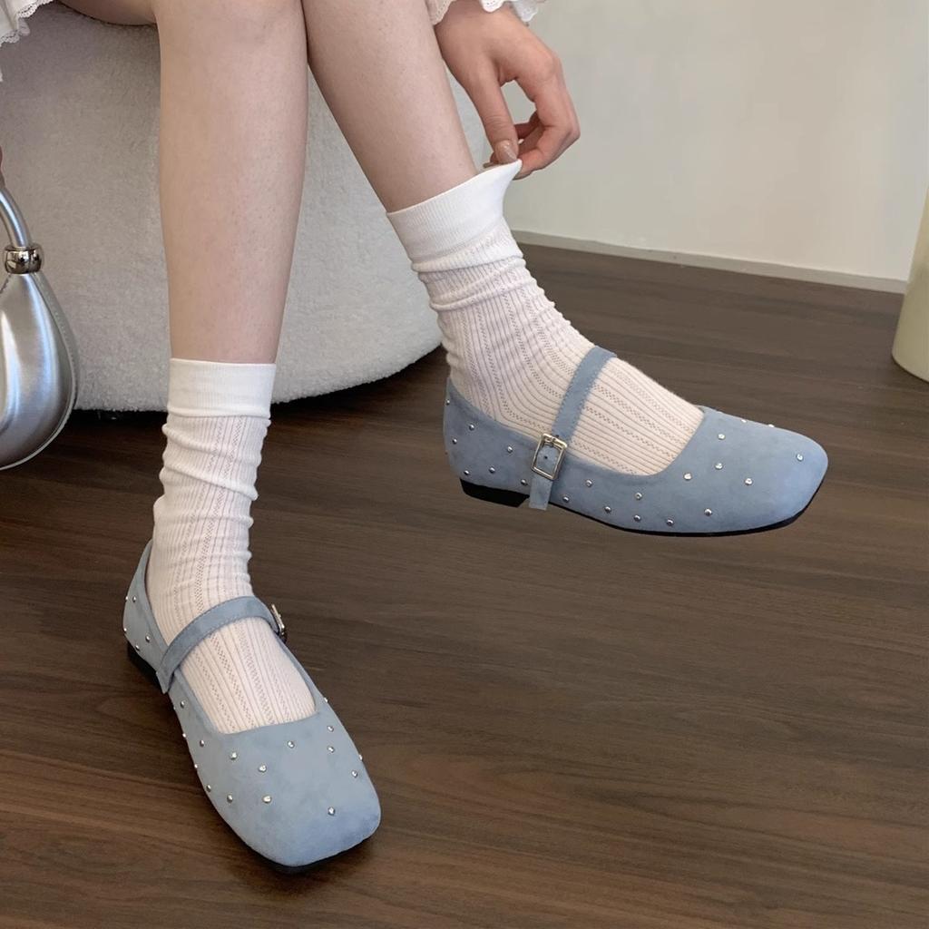 Rivet suede square head shallow mouth single shoes female spring gentle fairy wind French casual flat Mary Jane shoes