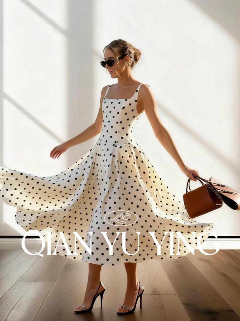 Nanyou Sommer Retro Gepunktetes Spaghettiträger Schwingkleid für Damen
