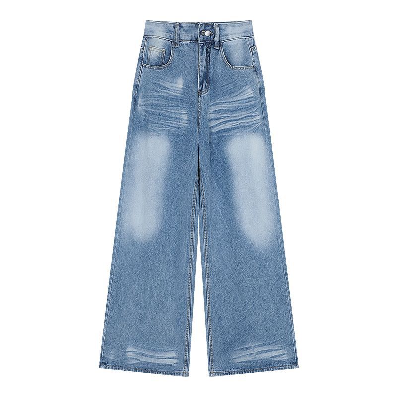 Grinding White Wash Big Size Jeans Women Crease High Waist Pear-shaped Figure Loose Straight Drag Ground Wide Leg Trousers Long Denim Pants