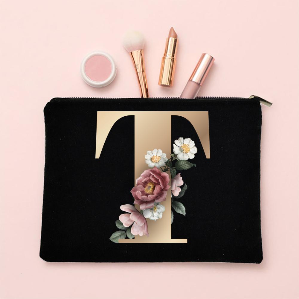 Alphabet Floral Makeup Bag Bridesmaid Maid of Honor Holiday Wedding Bachelorette Party Gift Canvas Cosmetic Zipper Storage Pouch