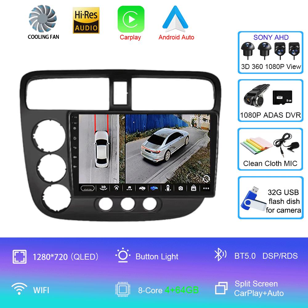 Car Radio Android 14 Carplay Auto Multimedia Player For Honda Civic 7 2000-2006 Navigation Autoradio GPS Stereo 2din Head Unit