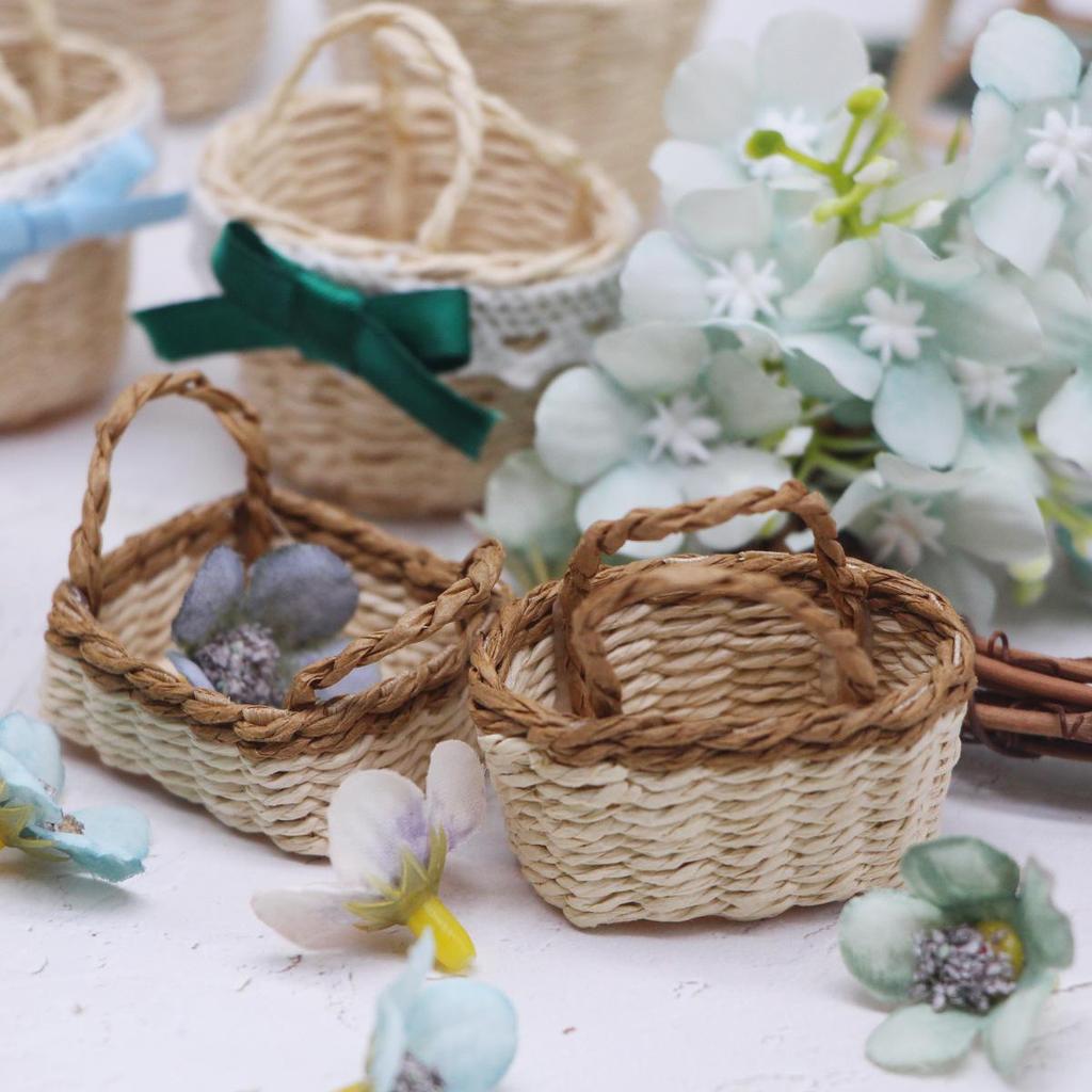 Dollhouse Handwoven Raffia Straw Handbag & Mini Bamboo Basket Photo Props