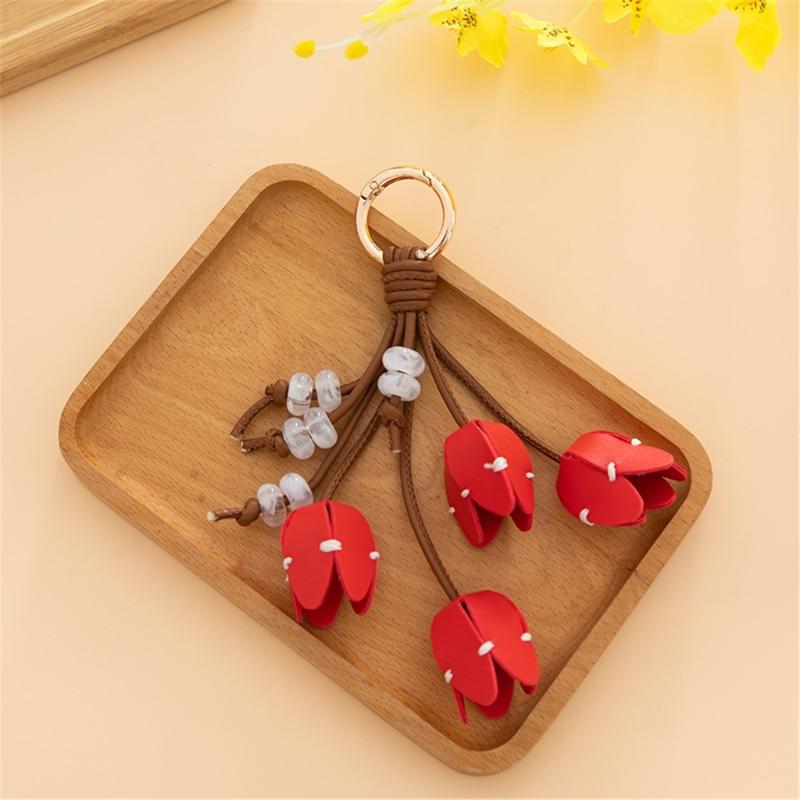 Elegant Tulips Shaped Leather Keychain With Beaded Accent For Bags And Keys Stylish Accessory Gift