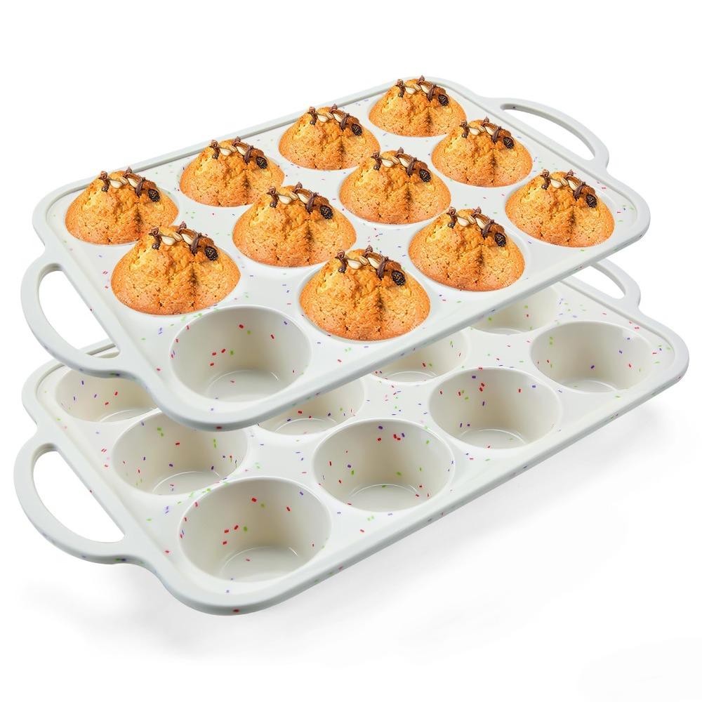 1/2Pack Dishwasher Safe Silicone Muffin Pan Nonstick Metal Reinforced Frame Cupcake Pan 12 Cups Baking Mold Homemade Muffins