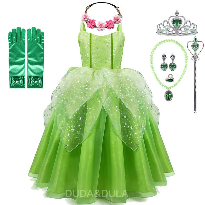Girls Princess Tiana Dress Up Costume Cosplay Princess and The Frog Clothing Birthday Party Halloween Fancy Ball Gown