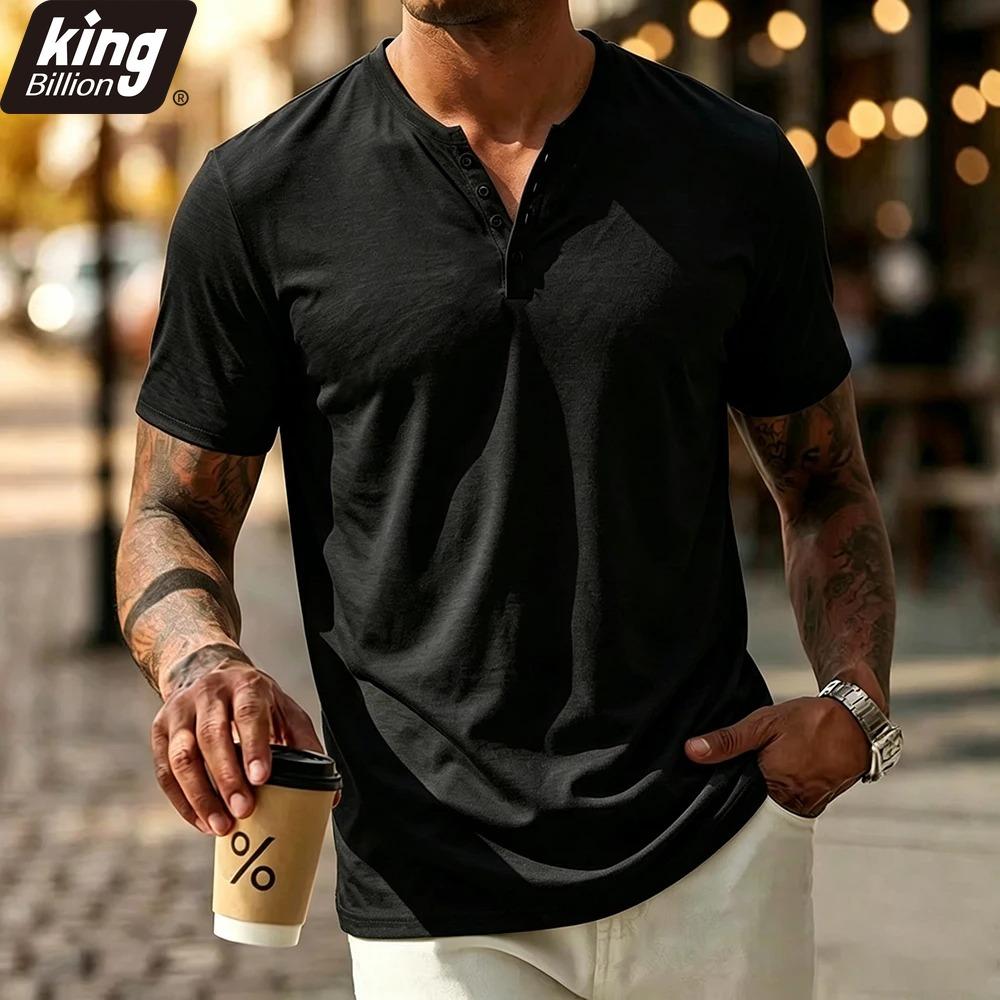 

Мужская повседневная футболка-henley - Короткий рукав, вырез с пуговицами, облегающий крой, однотонная, бежевая, фактурный хлопок, ежедневная летняя базовая футболка S чёрный