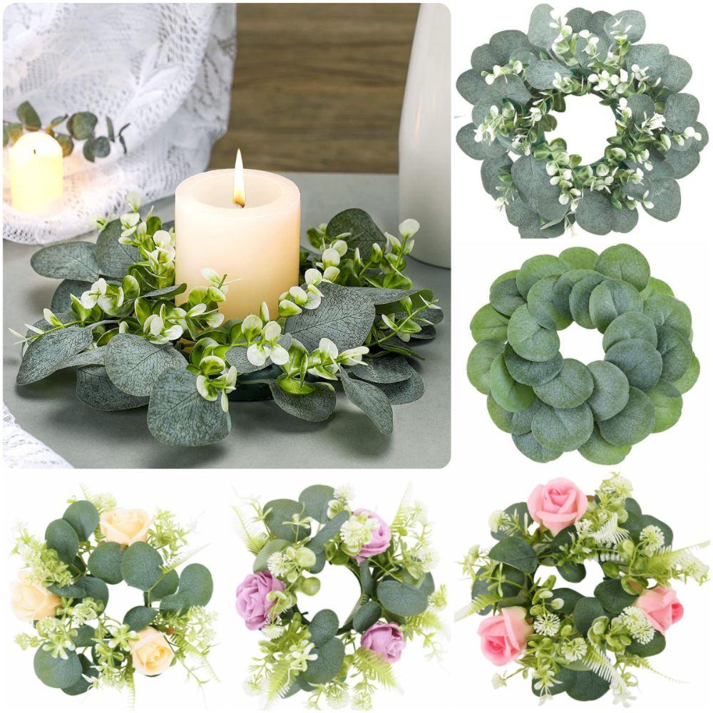 Rose Flower Artificial Eucalyptus Wreath Faux Greenery Desktop Candle Ornament Porch Wall