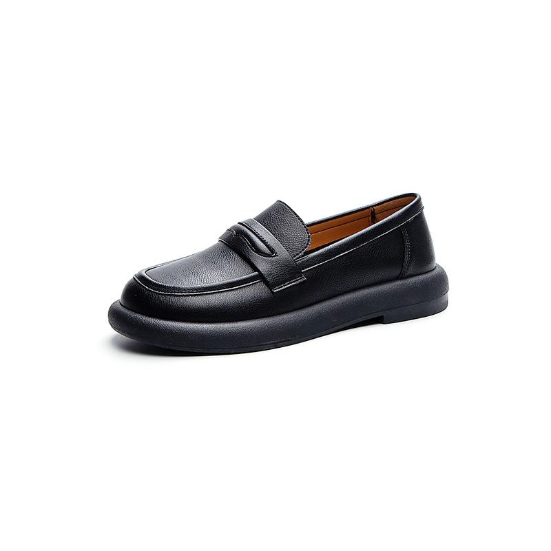 2025 Spring and Autumn New Single Shoes Cowhide Handmade Foot Cover Round Head Lazy Versatile British Style Retro Small Single Shoes Soft Sole