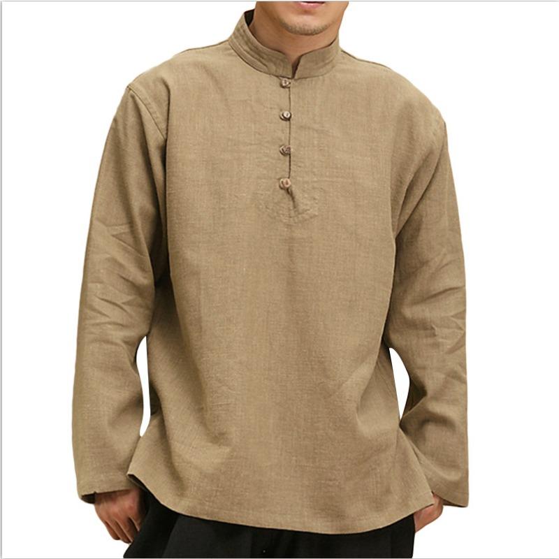

Осенняя однотонная свободная рубашка с длинными рукавами, мужская повседневная рубашка с воротником-стойкой XXXL