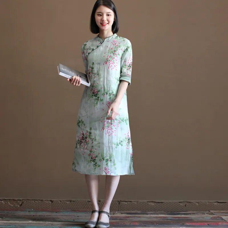 

Retro ethnic style improved cheongsam summer dress women s new small floral loose new Chinese medium and long green skirt M зелёный