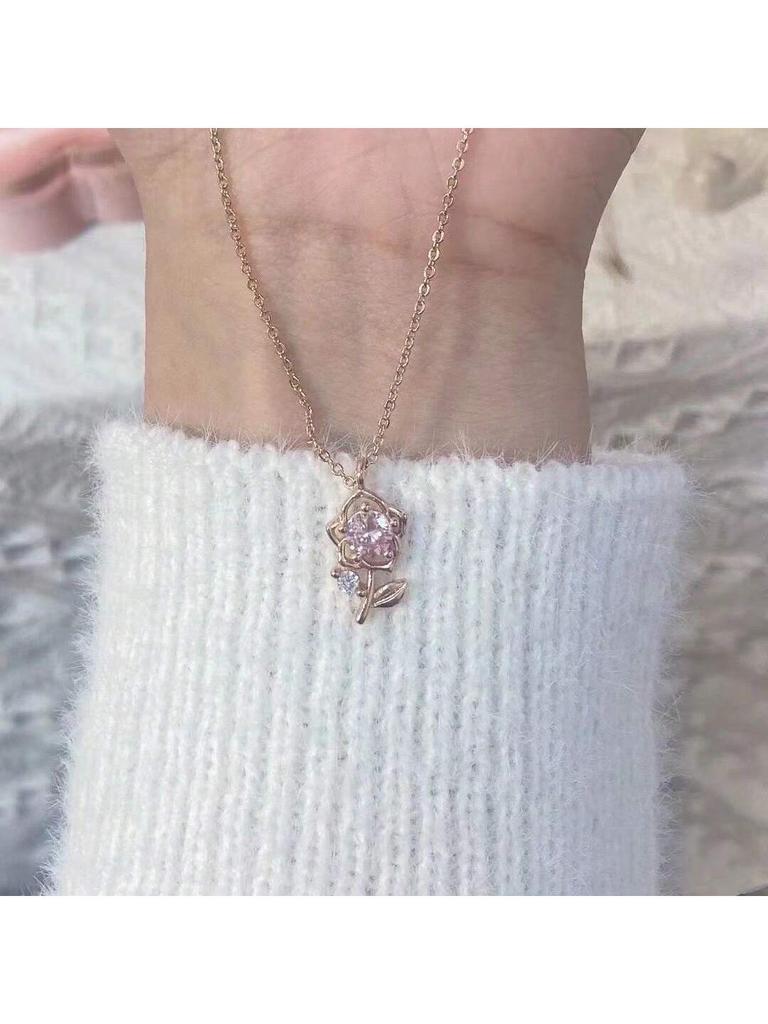 1pc Rose Gold Pink Diamond Rose Necklace  Minimalist Fashion Jewelry, Stylish Pendant Chain Suitable for Daily Wear, Party & Gat