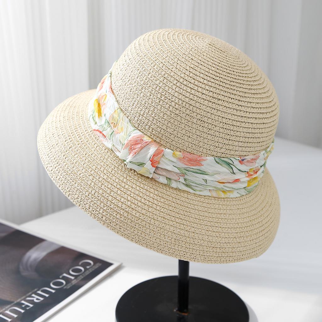 New Chinese Oil Painting Style Printing Flat Top Straw Hat Women's Summer Shopping Sunshade Sunscreen Top Hat Showing Face Small Seaside Hat
