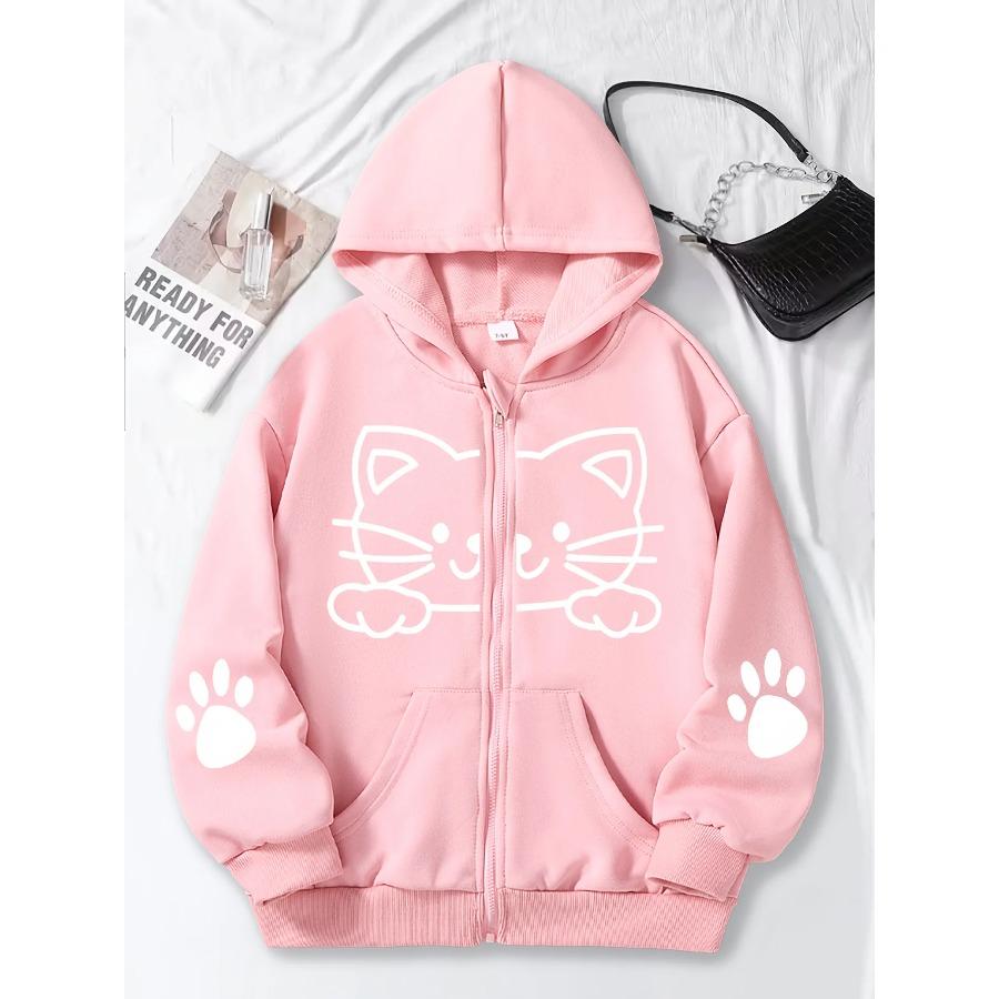 Kids Long Sleeve Zip Up Hoodie Cartoon Graphic Loose Fit Daily Streetwear Hooded Outer Jacket