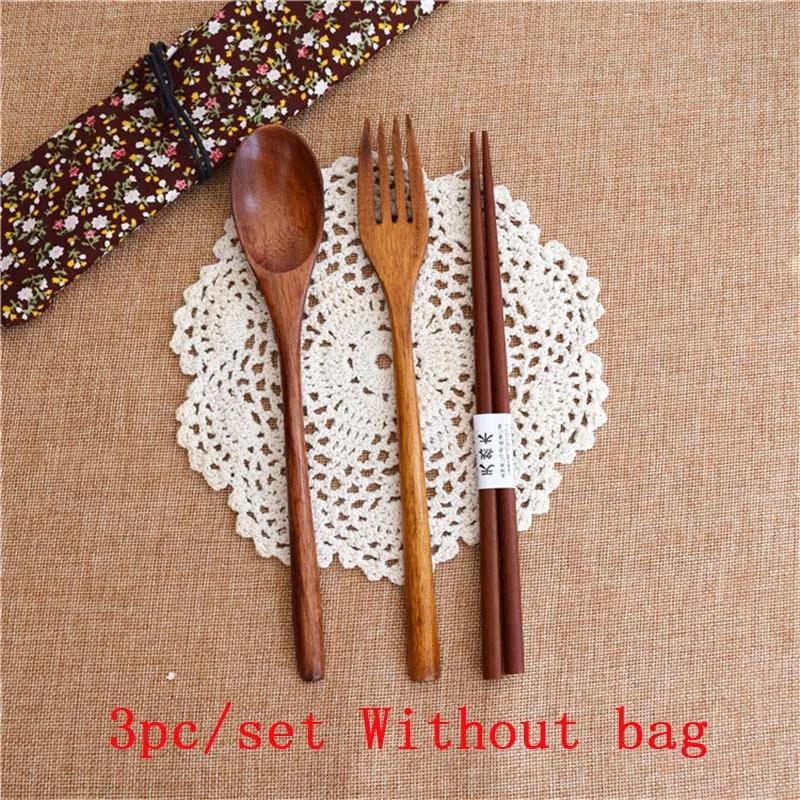 3Pcs/set Wooden Dinnerware Set Bamboo Fork Knife Soup Teaspoon Catering Cutlery Set With Cloth Bag Kitchen Cooking Tools Utensil