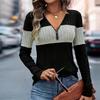 Ladies' Casual And Fashionable Color Blocked V-neck Long Sleeved Half Zipper Top