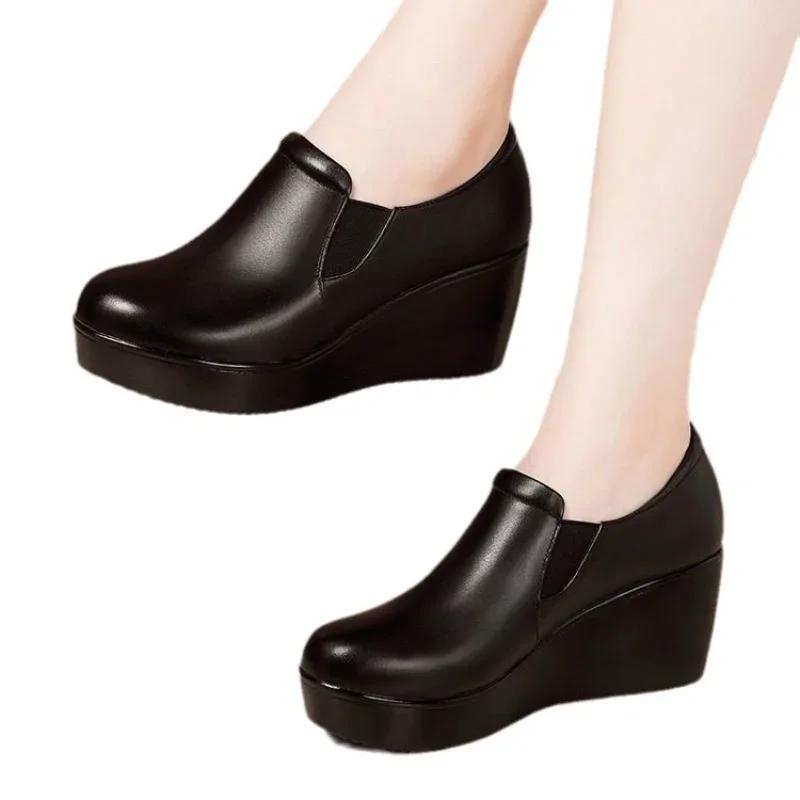 6cm Small Size 32-43 Comfortable Med Heels Platform Wedges Shoes Spring Deep Mouth Soft Leather Loafers Slip On Mom Shoes