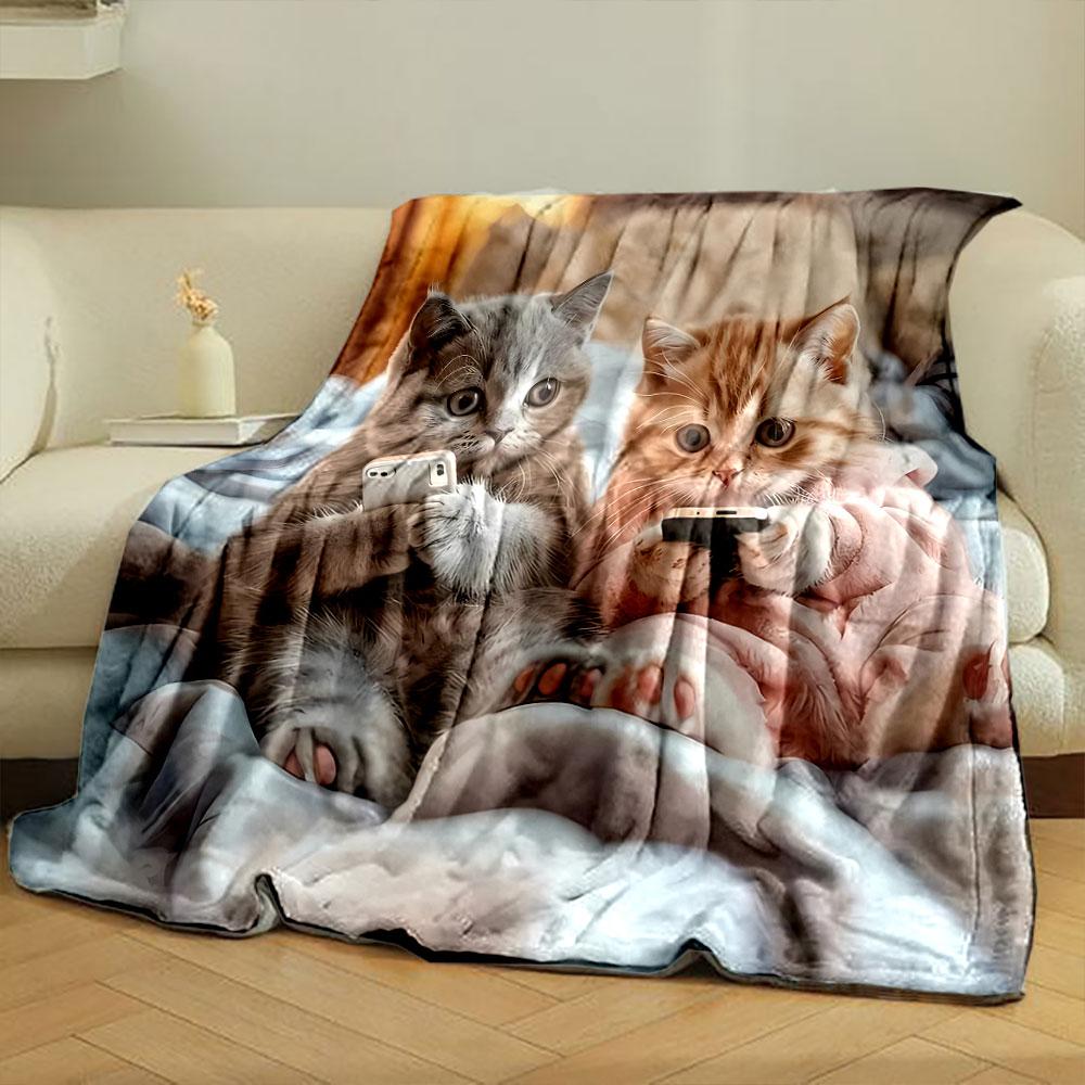 Cute Kittens Phone Pattern Blanket Bedroom Blanket for Livingroom Couch Lunch Break Soft Throw for Friend's Festival Gift