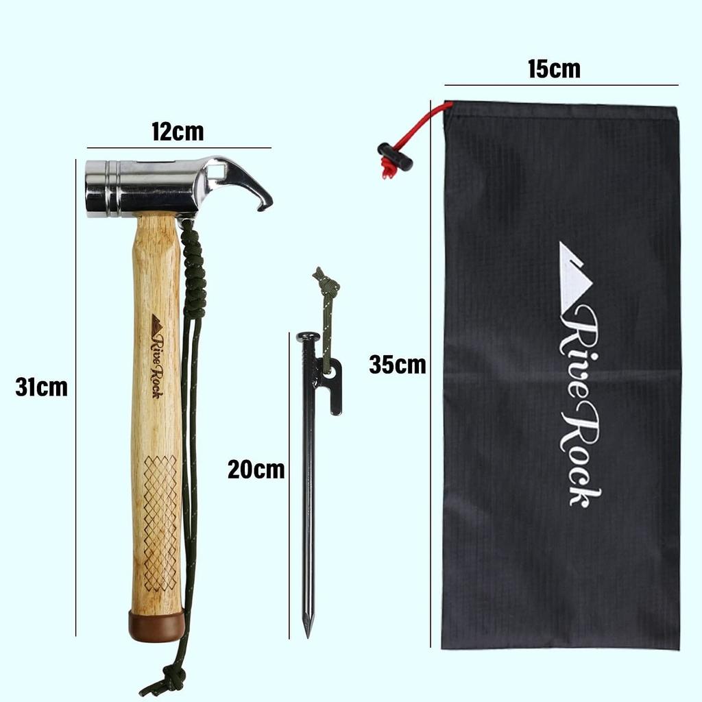 RiveRock Peg Hammer with Storage Safety 6 Luminous and Durable Design 6 Pegs Bag, Cap, Pegs, Rope, (Hammer + + Bag/Green)