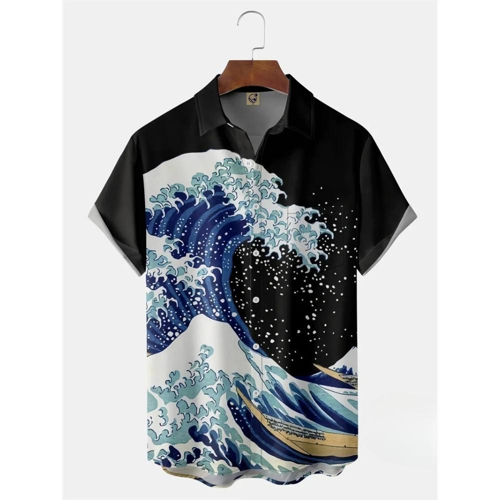Nowe Koszule Hawajskie Męskie Krótki Rękaw Styl Japoński Grafika 3D Fala Ukiyo Clothes Letnia Ubrania Streetwear Męskie Koszule