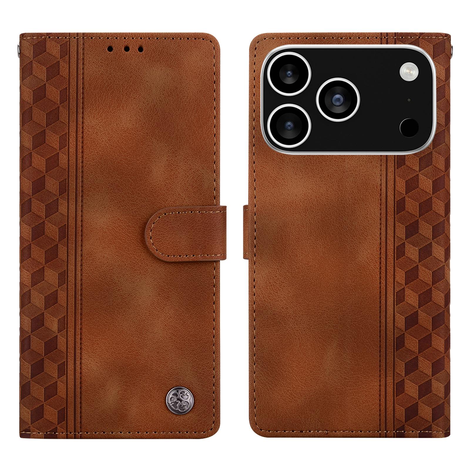 

Для iPhone 17 Pro Кожаный чехол с тисненым клетчатым узором Кошелек Подставка Флип-чехол для телефона Brown