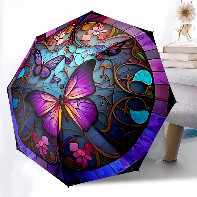 1pc Butterfly Stained Glass Automatic Folding Umbrella - 8-Rib Durable Iron Frame, Compact Portable for Daily Travel yy251205095