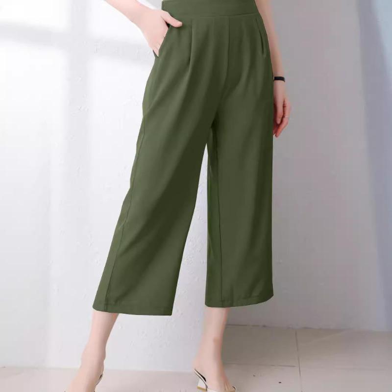 

Весенние и летние женские брюки Nine Tenths Pant Plus Size, эластичные широкие брюки с высокой талией, тонкие прямые брюки для отдыха с драпировкой S армия зеленый