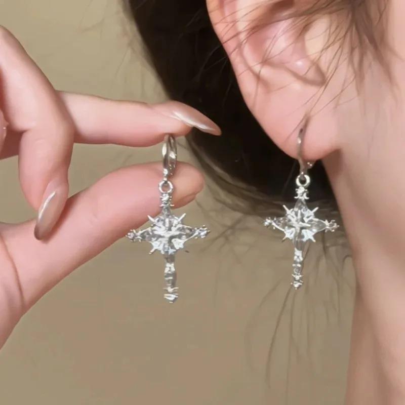 Sparkling Zircon Snowflake Cross Earrings Fashionable Exquisite Creative Punk Earrings Jewelry Daily Party Gifts for Women Girls