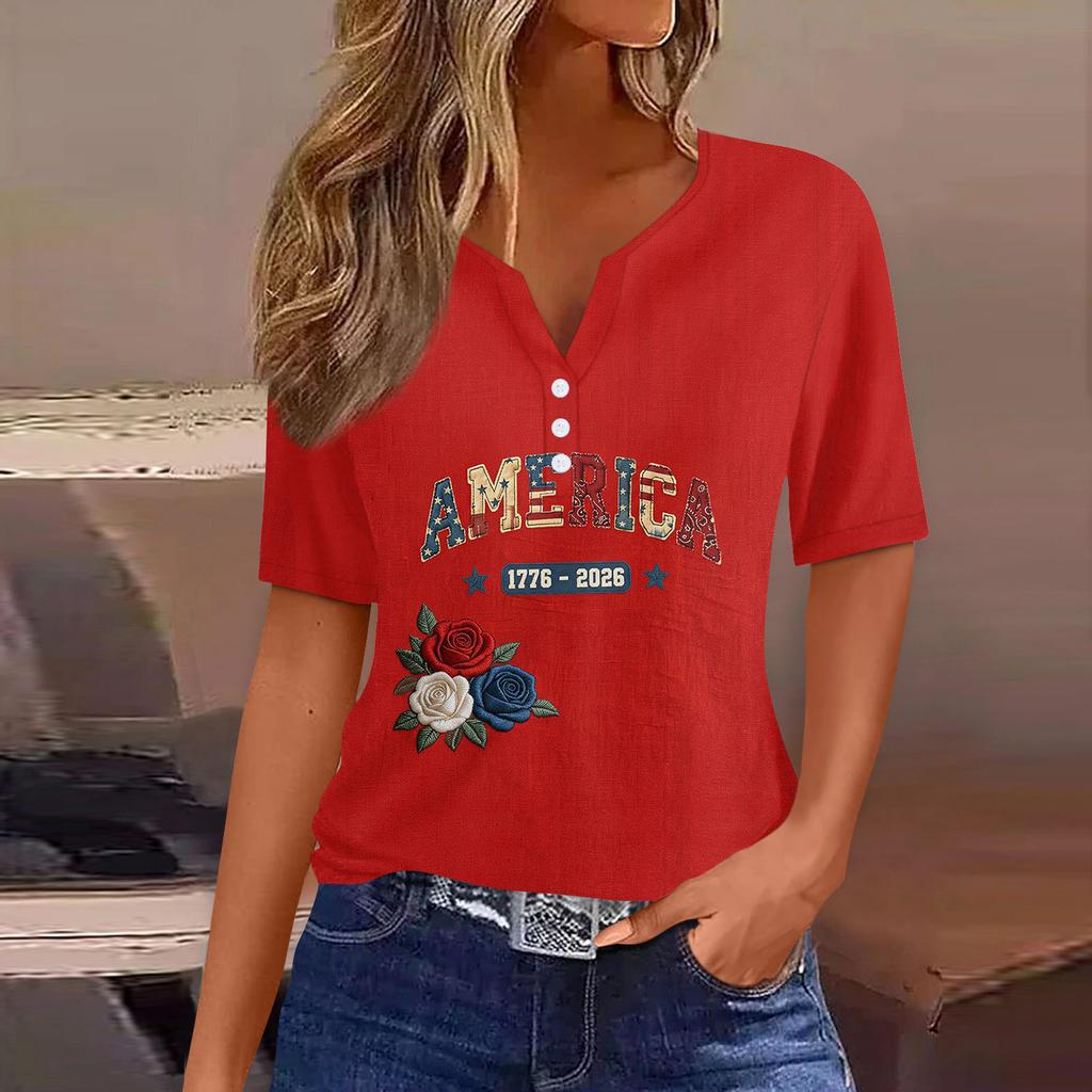 Women's Fashion Casual Independence Day Print V-Neck Short Sleeve Button-Up T-Shirt Top