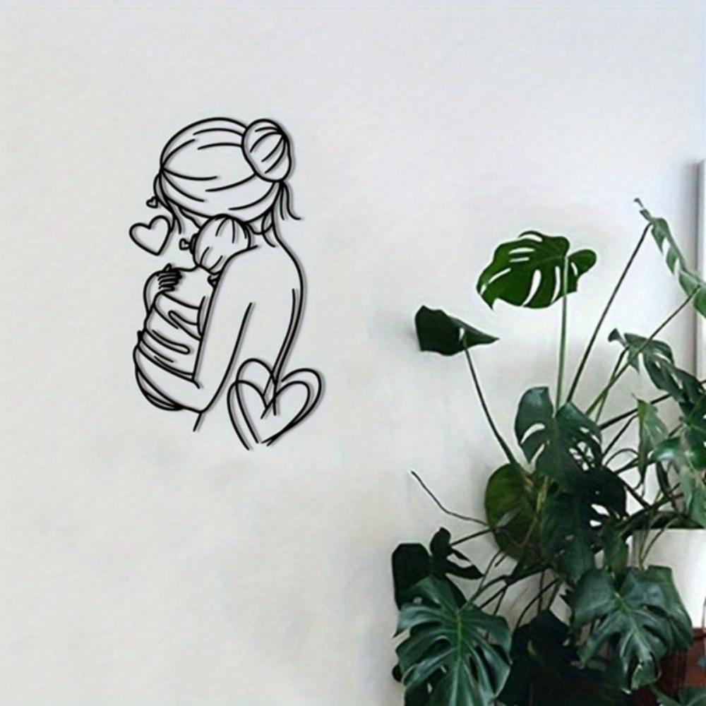 Bezaubernde Wächter und Kind Metall Wandkunst: Eine schlanke, minimalistische Eisendrahtskulptur, ideal zur Aufwertung der Heimdekoration.
