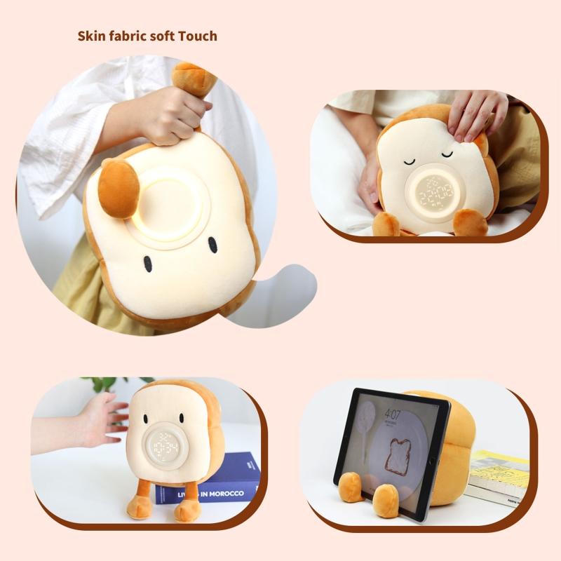 LED Digital Cartoon Alarm Clock Bedroom Night Light Bedside Electronic Clock Soft Plush Toast Shape Alarm Clock