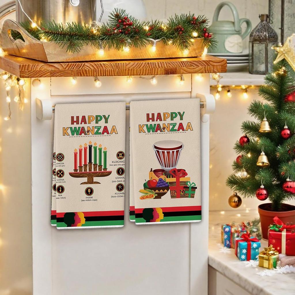 Kwanzaa Kitchen Towels Decorative Set Kinara N Drum Fruit Dish Towels N Heritage Holiday Decor Happy Kwanzaa Decorations for Home