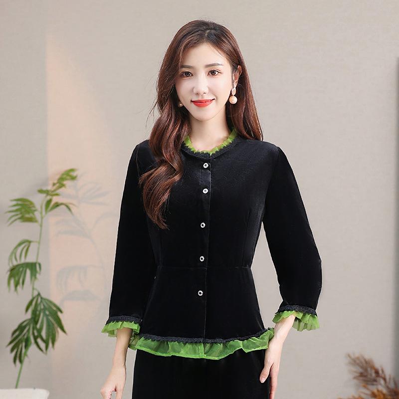 

2024 Универсальная золотая бархатная блузка-кардиган с кружевным воротником для женщин 4XL (for 70-78 kg) зелёный