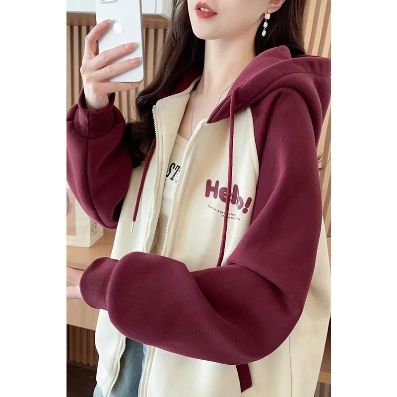 American Style Jacket for Women Autumn Outer Wear Design Contrasting Color Splicing Hooded Sweatshirt Zippered Cardigan