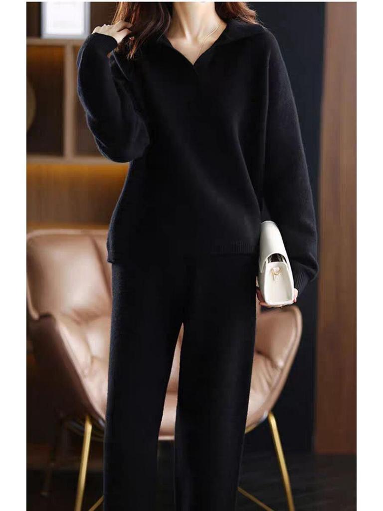 2024 Korean Style Loose Knit Sweater & Wide-Leg Pants Two-Piece Set for Women