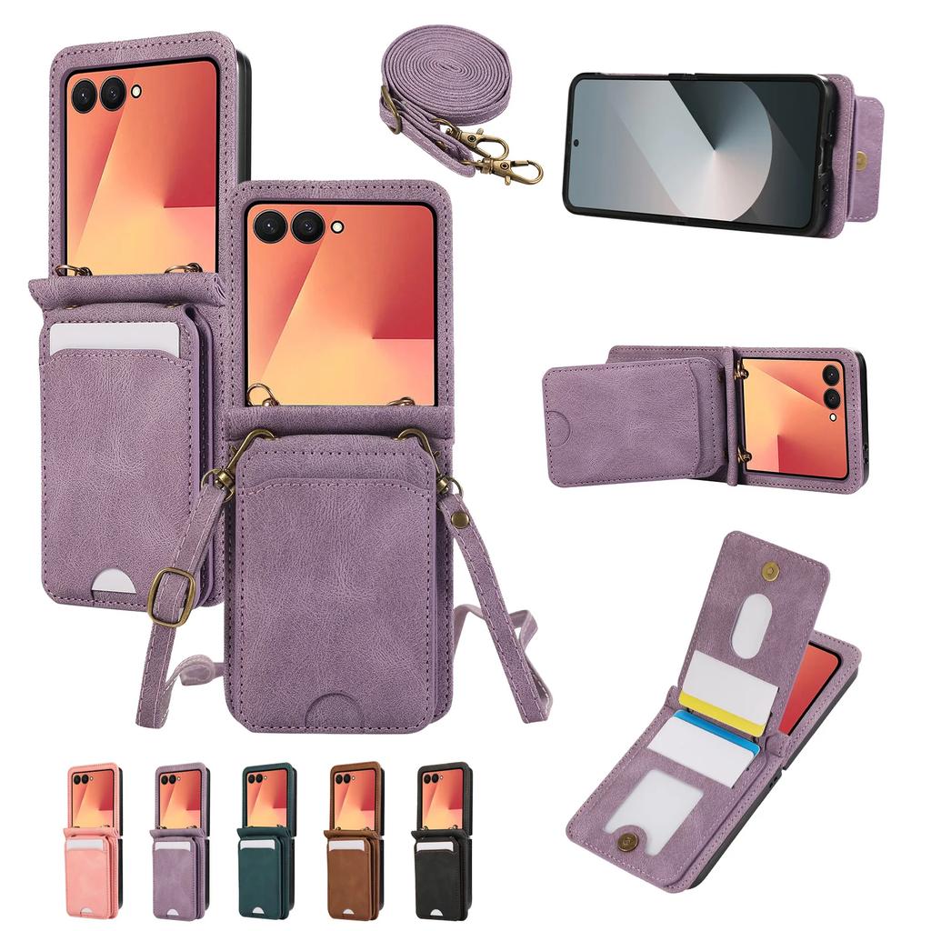 Leather Wallet Card Holder Case for Samsung Galaxy Z Flip 7 FE 6 5 4 3 ZFlip Flip6 Flip5 Flip4 Flip3 Crossbody Lanyard Bag Cover