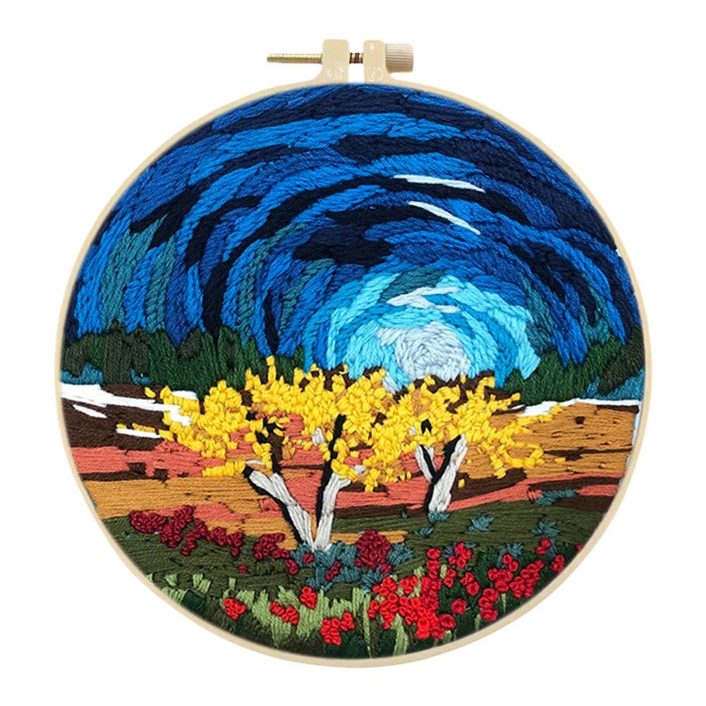 Halloween Stamped Cross Stitch Embroidery Kits with Hoop Cloth Color Thread for Beginners DIY Arts Ornament Cross Stitch Sets