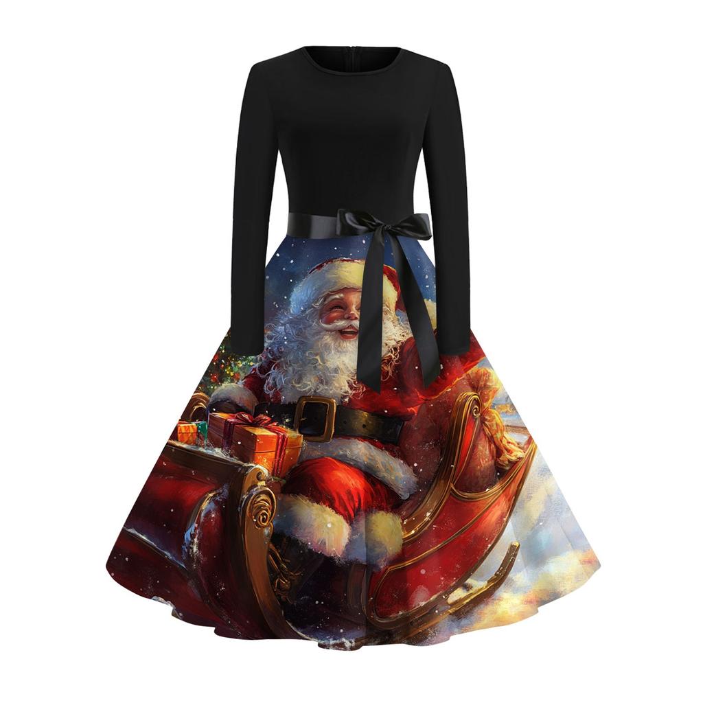 Šaty s vánočním potiskem pro ženy s dlouhým rukávem Duté společenské šaty pro volný čas