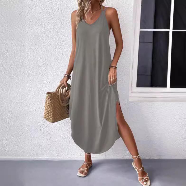 European & American Women's Solid Color Sleeveless Maxi Slip Dress