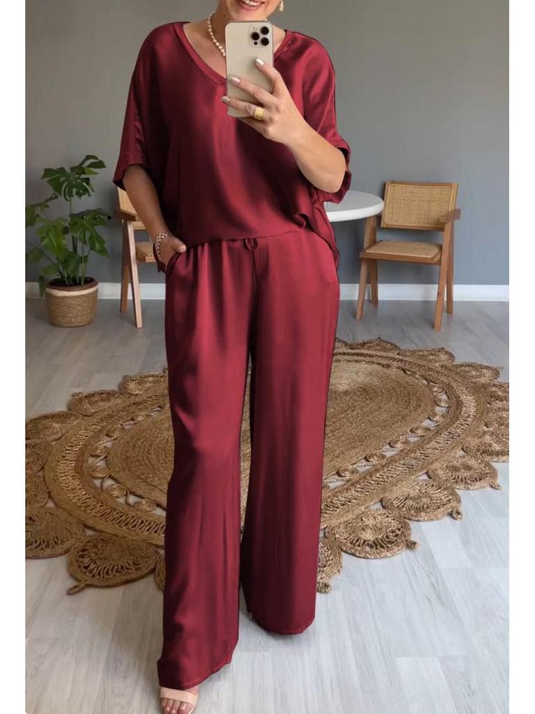 2025 Sommer Seide V-Ausschnitt Lässiges Einfarbiges Set für Damen