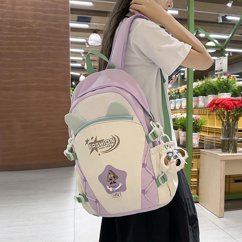 Contrast Color Backpack Women's College Style Lightweight Backpack Cartoon Student Schoolbag