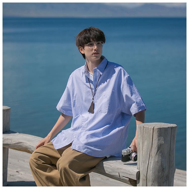 Men's Japanese Striped Short-Sleeve Lapel Shirt - Summer Cityboy Casual Versatile Trendy Brand Jacket