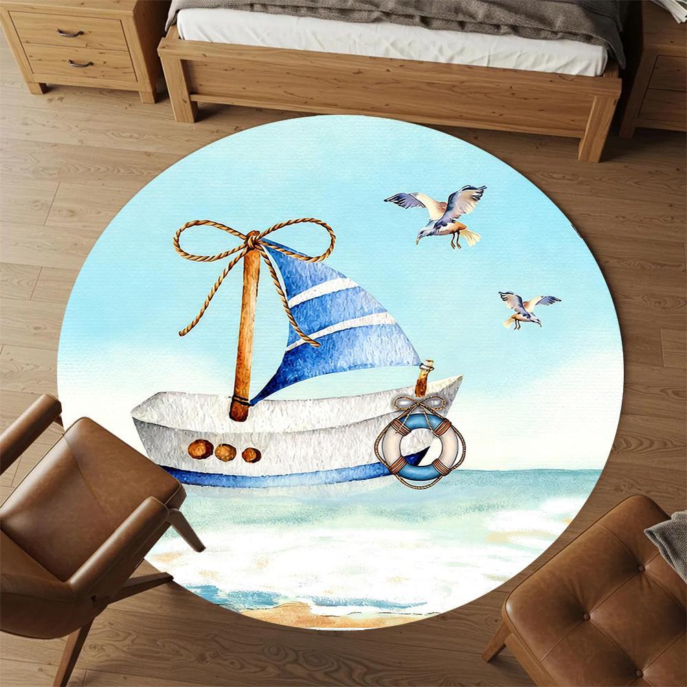 1pc Sailboat Seagulls Round Chair mat office Area Rug - Non-Slip, Floor Mat for Office, Bedroom, and Indoor Decor p127270