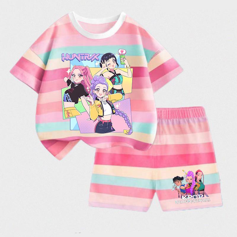 KPop Demon Hunters Children Short Sleeve Shorts Set Fashion Summer Kid Clothes Boy Baby Cotton Tee Pant Outfits Girl Tracksuits