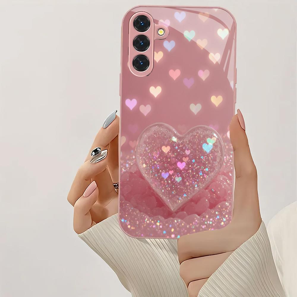 Pink Heart-shaped Design Glass Phone Case Suitable for Samsung Galaxy S26 S25 S24 S23 S22 S20FE/Ultra/Plus Shockproof Back Cover